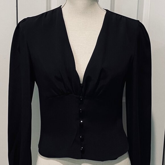 Tuleh Black Silk Deep V Neck Button Waist Blouse - Picture 2 of 8